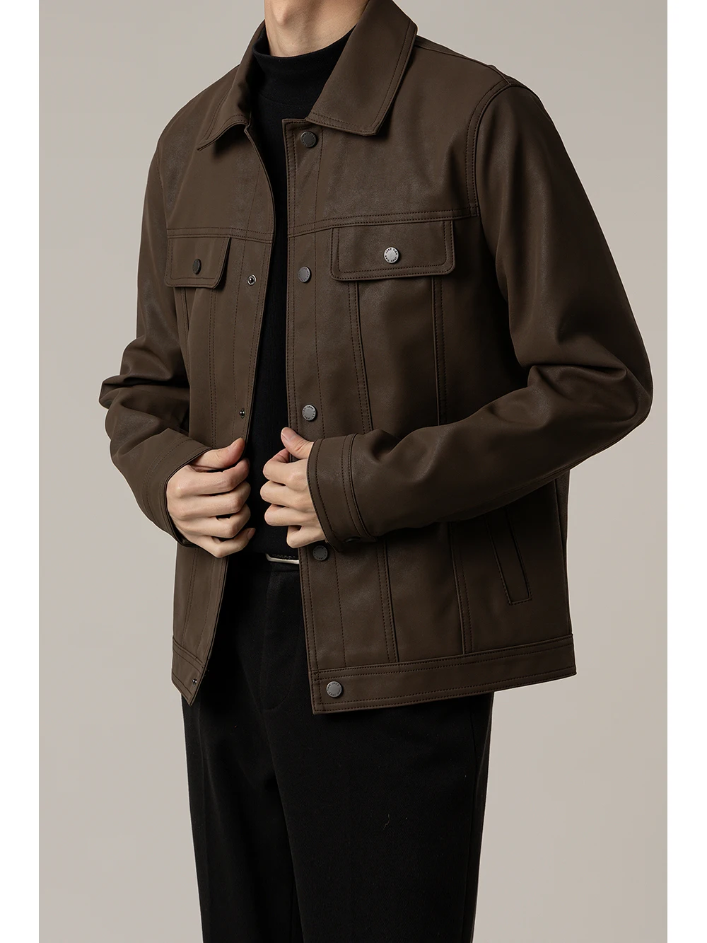 Spring Autumn Light Maturity Style Flip Collar PU Leather Jacket Men's Korean Version Trendy Casual Leather Jacket
