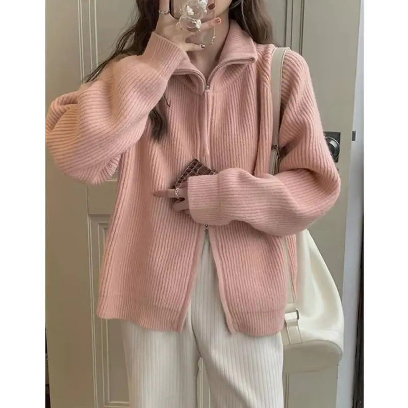 Autumn Winter New Fashion Turn-down Collar Long Sleeve Sweaters Cardigan Women's Clothing Korean Zipper Pockets Knitting Tops