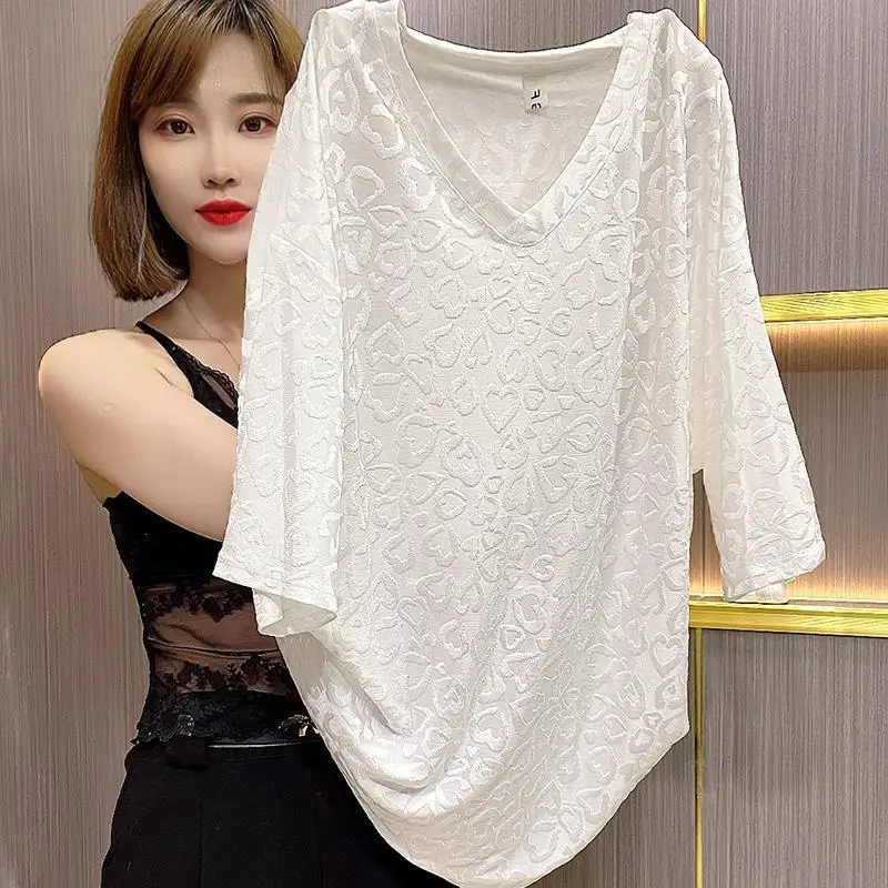 Casual Plus Size Loose T Shirts Summer New Thin Short Sleeve V Neck Solid All-match Tops Tees Fashion Vintage Women Clothing