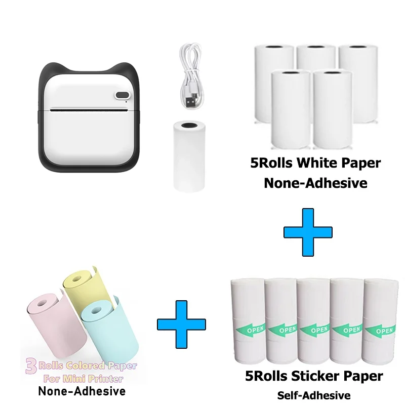 Mini Pocket Printer Mini Sticker Printer Portable for Printer with 13 Roll Papers for Notes, Photos, Stickers, Labels, Receipts