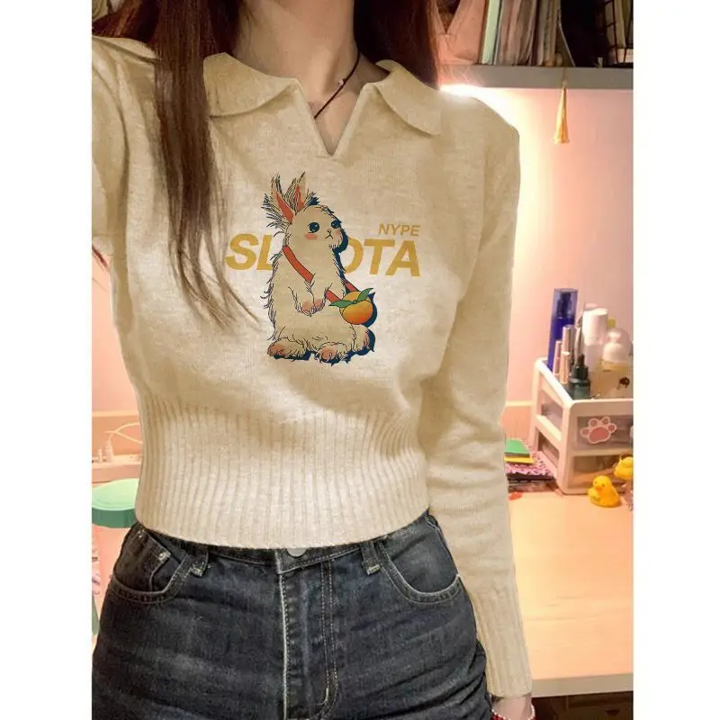 レトロアメリカンホワイトラビットセーター女性ジャンパールーズ春秋小さなデザインセンス怠惰なトレンディなアウターウェアセーターMujer