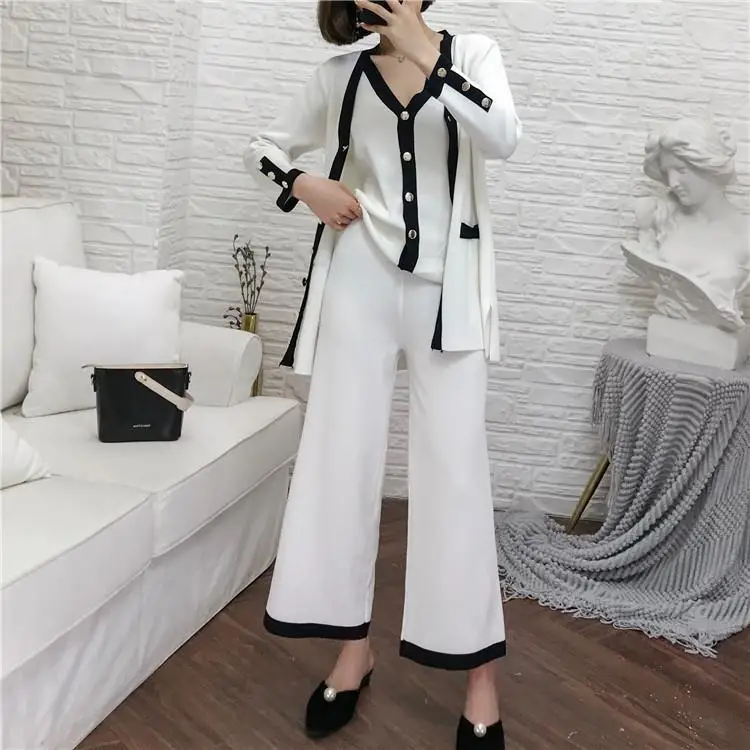 

Autumn Fashion Knit Three Pieces Suits Loose-fitting Cardigan Sweater Tops and Elastic Waist Wide Leg Long Pants 2024 New T50