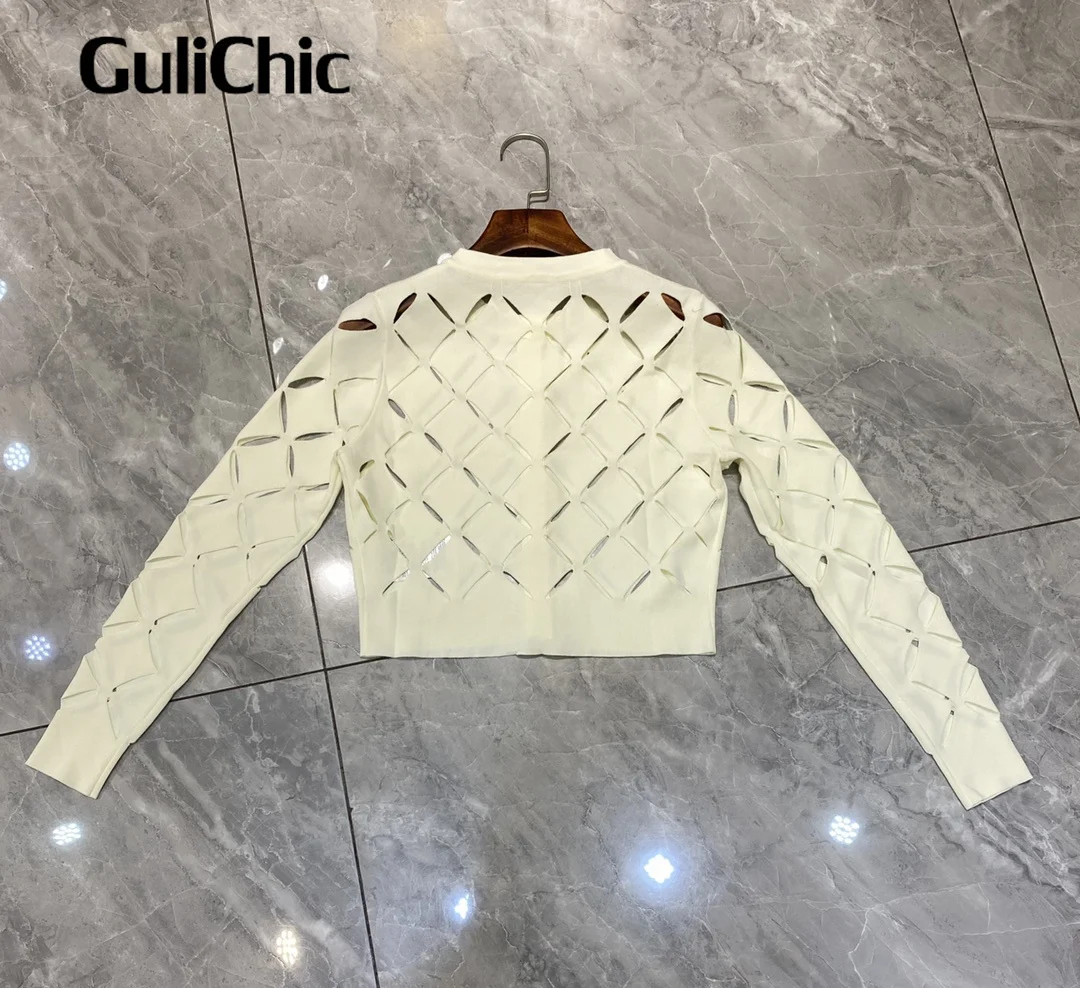 1.8 GuliChic Sexy Temperament Hollow abiti da donna tinta unita elegante 2024 Spring Design Office Ladies Fashion Womne Clothing