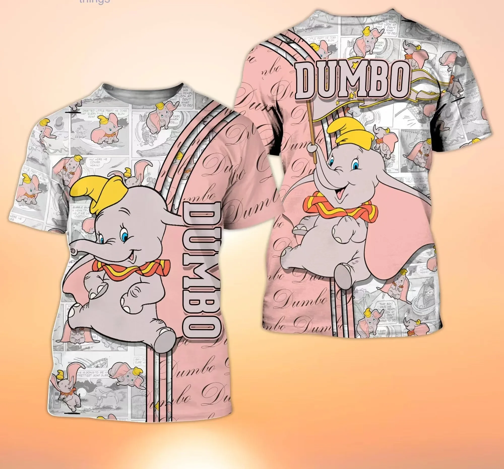 2024 New Dumbo Elephant T-Shirt Cute Pink Dumbo Elephant Cross Comic Book Patterns Disney Cartoon 3D T-Shirt