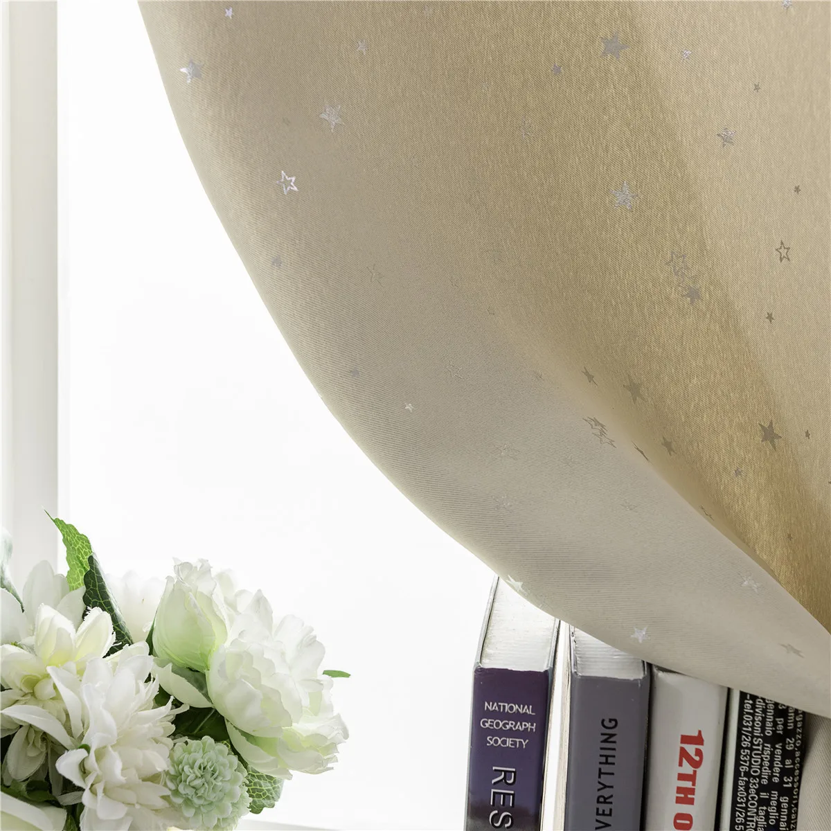 

1Pcs Blackout Curtain Silver Star Thick Punch Free Tape Fixing Window Drape Home Bedroom Kids Room 90x150cm Beige
