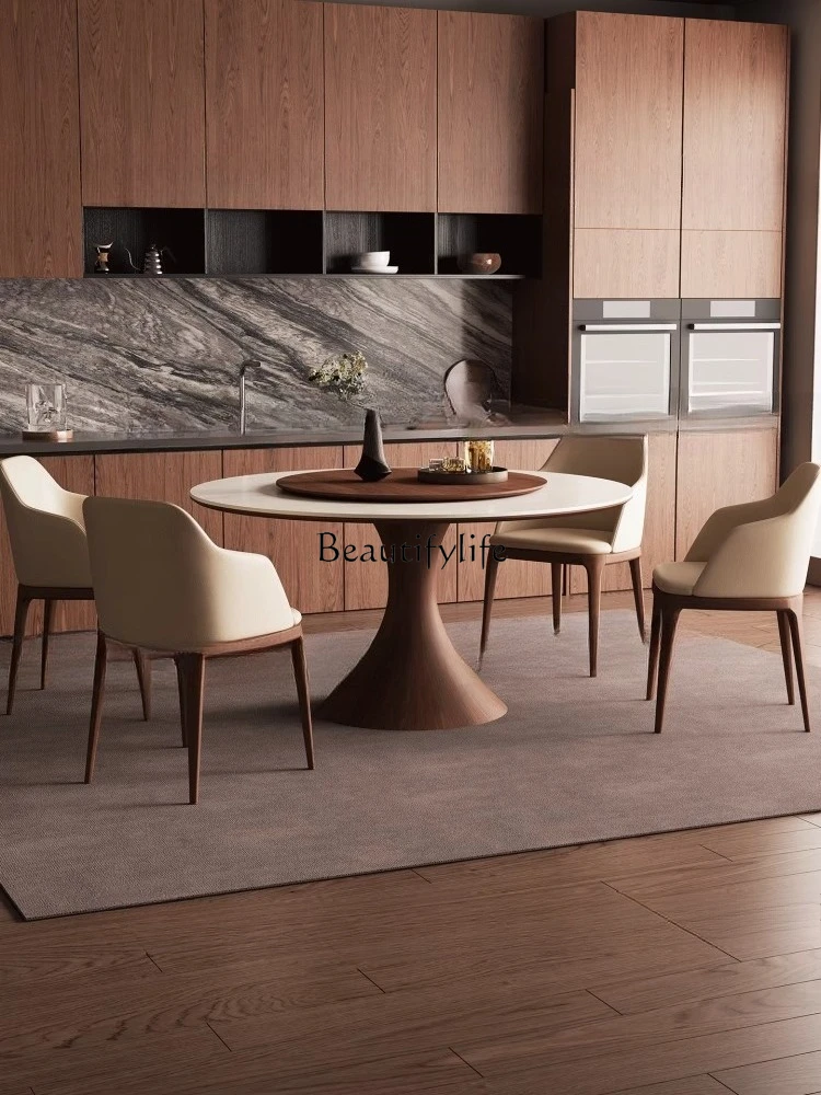Slate dining table round with turntable modern simple Italian high-end ash wood round table