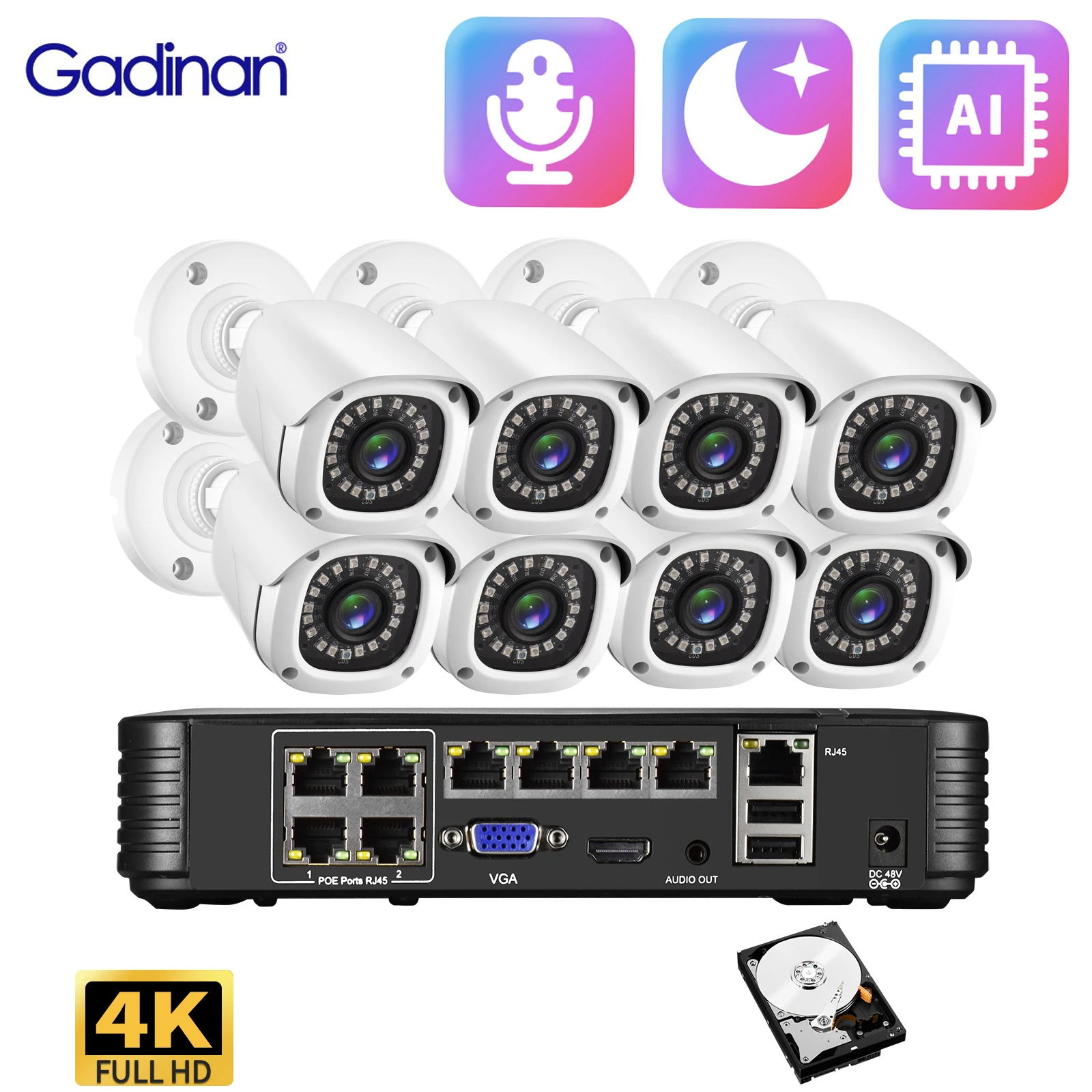 

Gadinan 8CH NVR CCTV Camera System Audio Record Video Surveillanc 4K 8MP POE Motion Detection Infrared Night Vision IP Camera