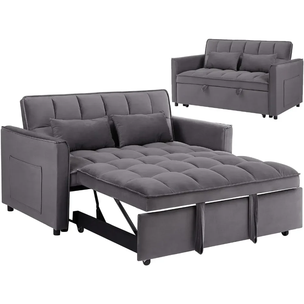 3 in 1 Sleeper Sofa Couch Bed, Velvet Convertible Sofa Bed with Armrests, Storage Pockets & 2 Pillows, Modern Sofa Bed Couch