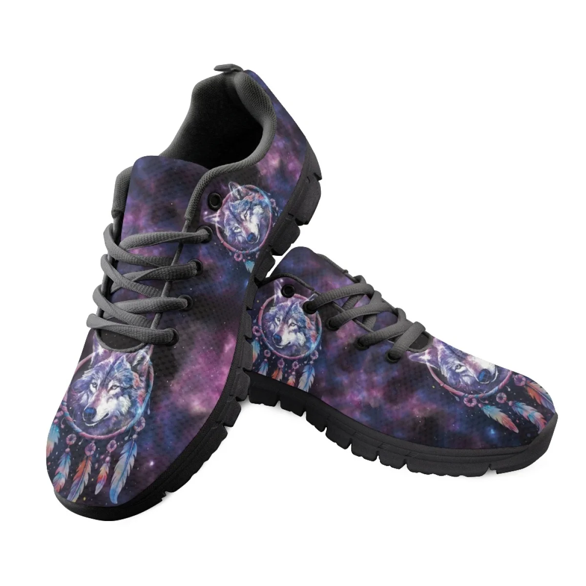 INSTANTARTS Galaxy Wolf Dream Catcher Print Ladies Lace-up Sneakers Casual Flat Shoes Wear Resistant Tennis for Women Mens Gift