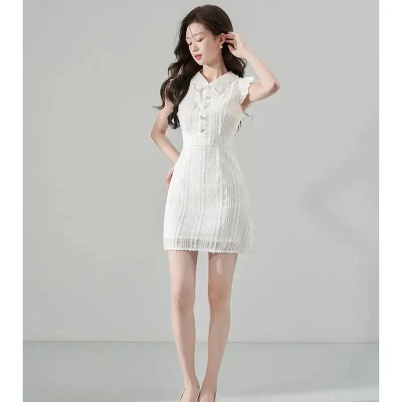 Sommer Neue Koreanische Süße Spitze Stickerei Kleid Für Frauen Elegante Weiße Peter Pan Kragen Einreiher Mini Party Vestidos J743