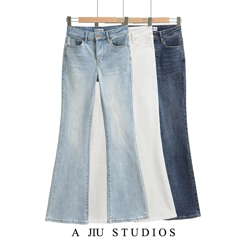 American Retro High Waist Slimming Bell Bottom Jeans Women's Spring Autumn Straight Leg Floor Length Pants Hot Girl