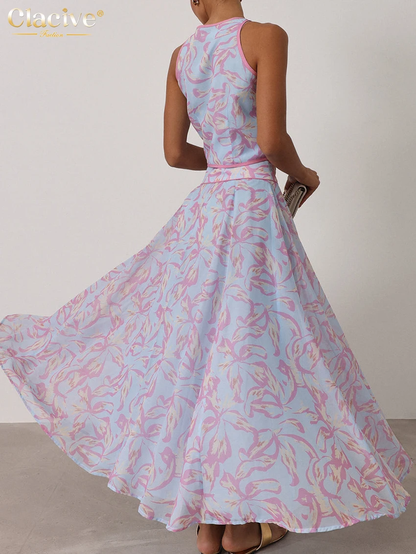 Clacive Summer Loose Print 2 Piece Set Women Fashion Sleeveless Tank Top With High Waist Pleated Long Skirt Set Female Clothing image 4