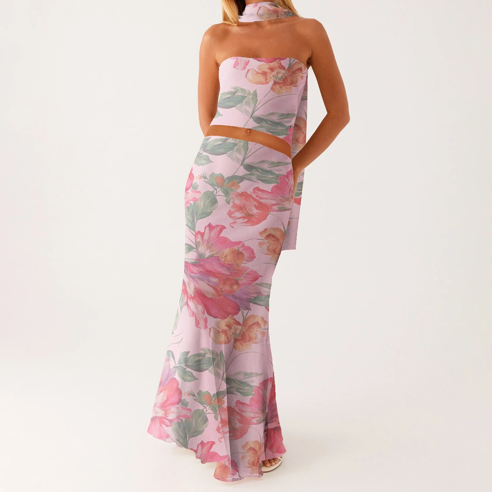 

Women Two Piece Outfits Skirts Sets y2k Fairy Floral Strapless Backless Tube Tops with Long Skirts and Scarf Beach Party Outfits