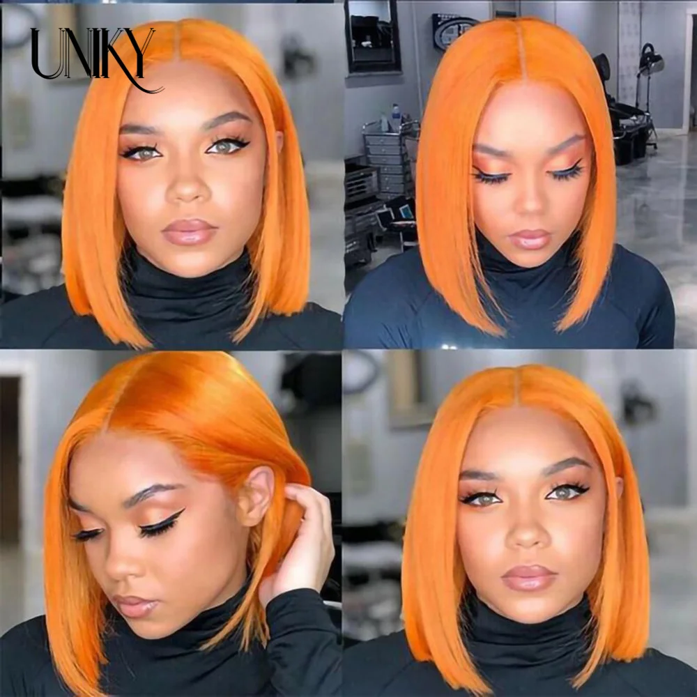 Perruque Bob Lace Closure Wig naturelle courte, cheveux lisses, ombrés, reflets, orange vidéo, densité 180%