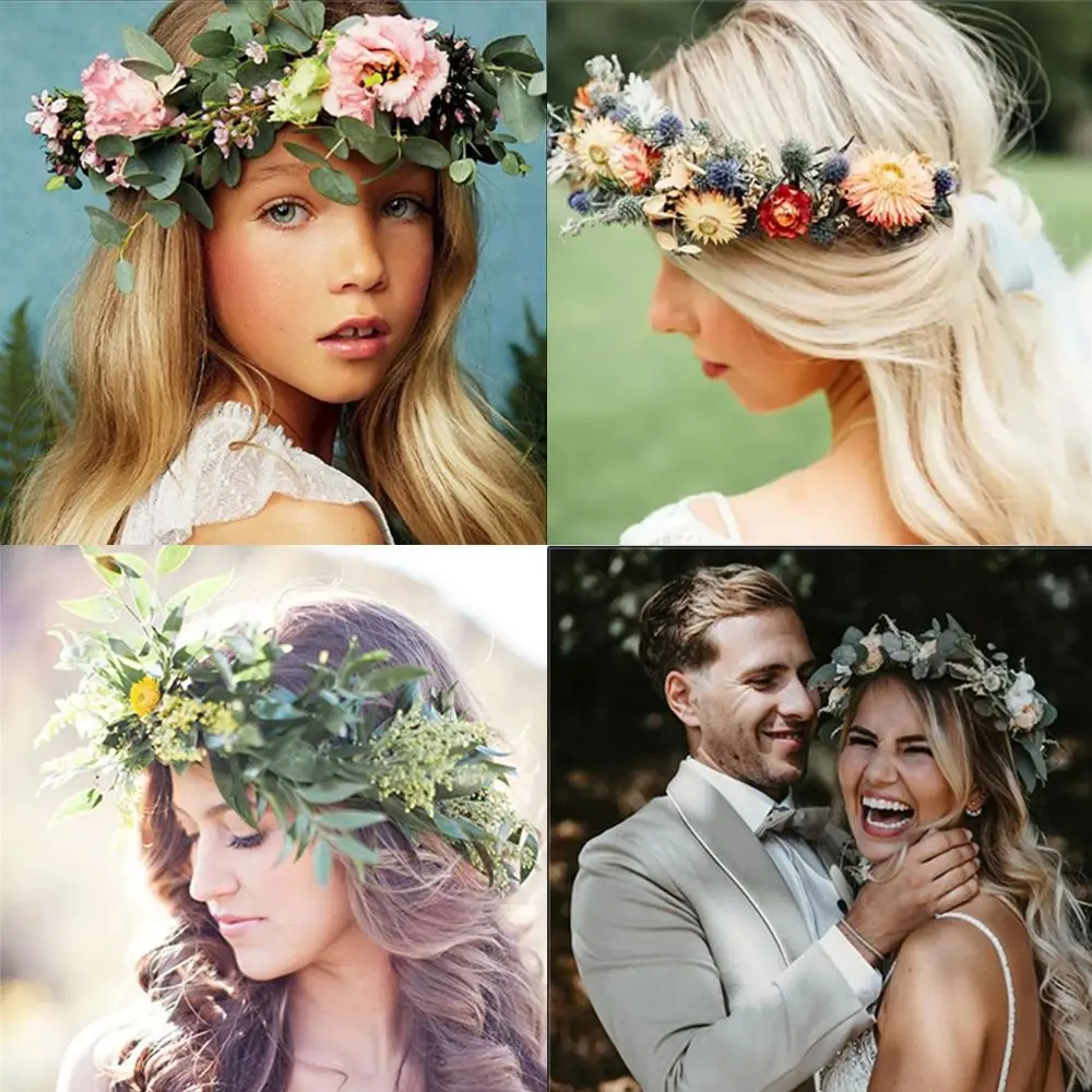 مهرجان البوهيمي الزفاف زهرة تاج صور الدعائم الوردي الأخضر ورقة الأزهار خوذة أغطية الرأس للنساء الفتيات