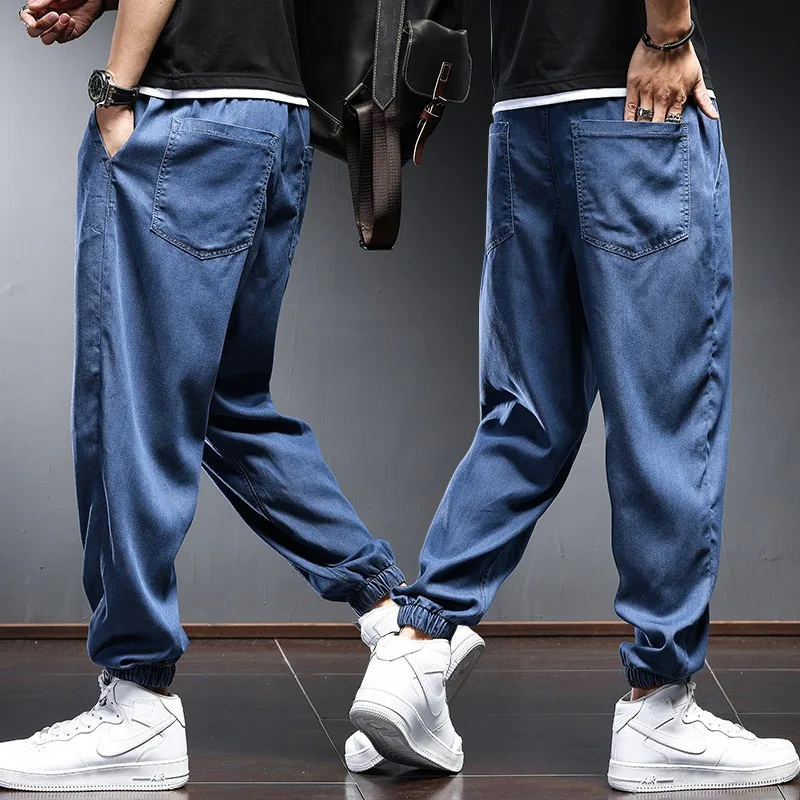 2022 Summer Thin Lyocell Jeans Men Joggers Streetwear Baggy Pencil Pants Hip Hop Casual Light Blue Elastic Waist Denim Trousers