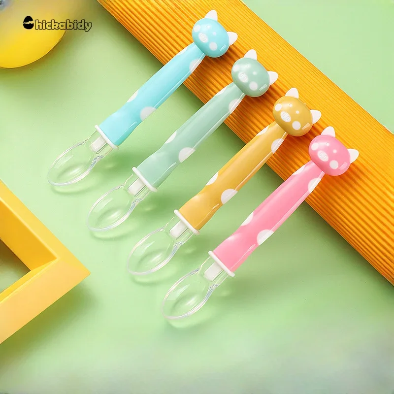 Baby Feeding Soft SiliconeSpoon with Cartoon HandleCandy Color Anti-scaldTraining Utensils Child FoodFeeder Kitchen Gadgets