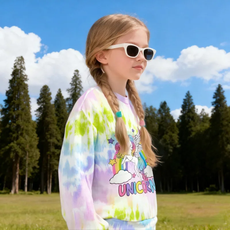 2025 Trendy Girls Tie Dye Sweatshirt - Rainbow Unicorn Graphic Print Long Sleeve Pullover | Cute Casual Kids Top
