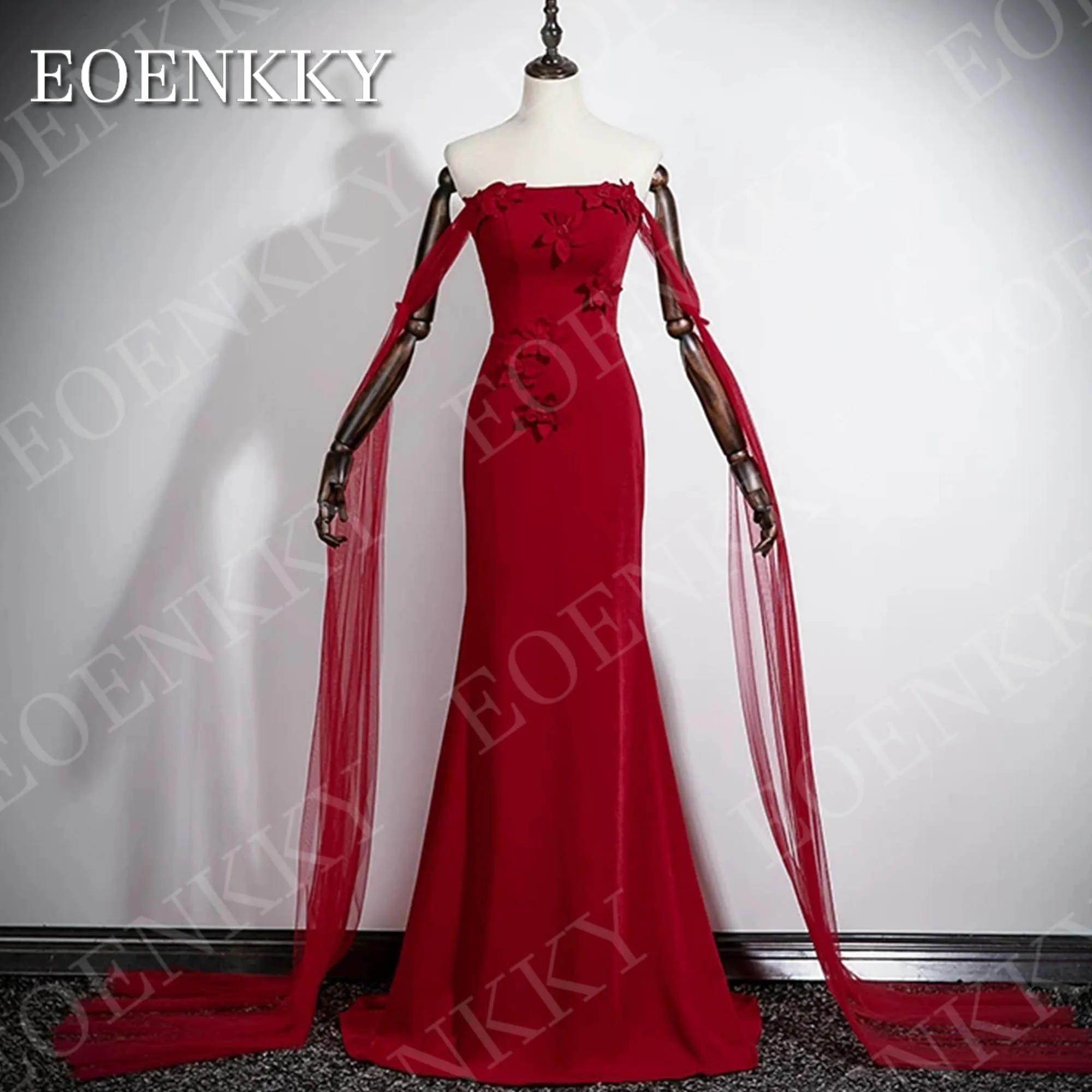 EOENKKY Mermaid Beautiful Evening Dresses Modern Off the Shoulder Red 3D Flowers Party Dress Customized платье вечернее длинное