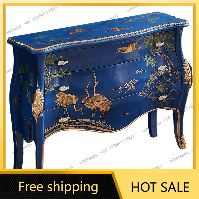 FG French solid wood painted crane royal blue luxury entrance cabinet new Chinese decorative cabinet