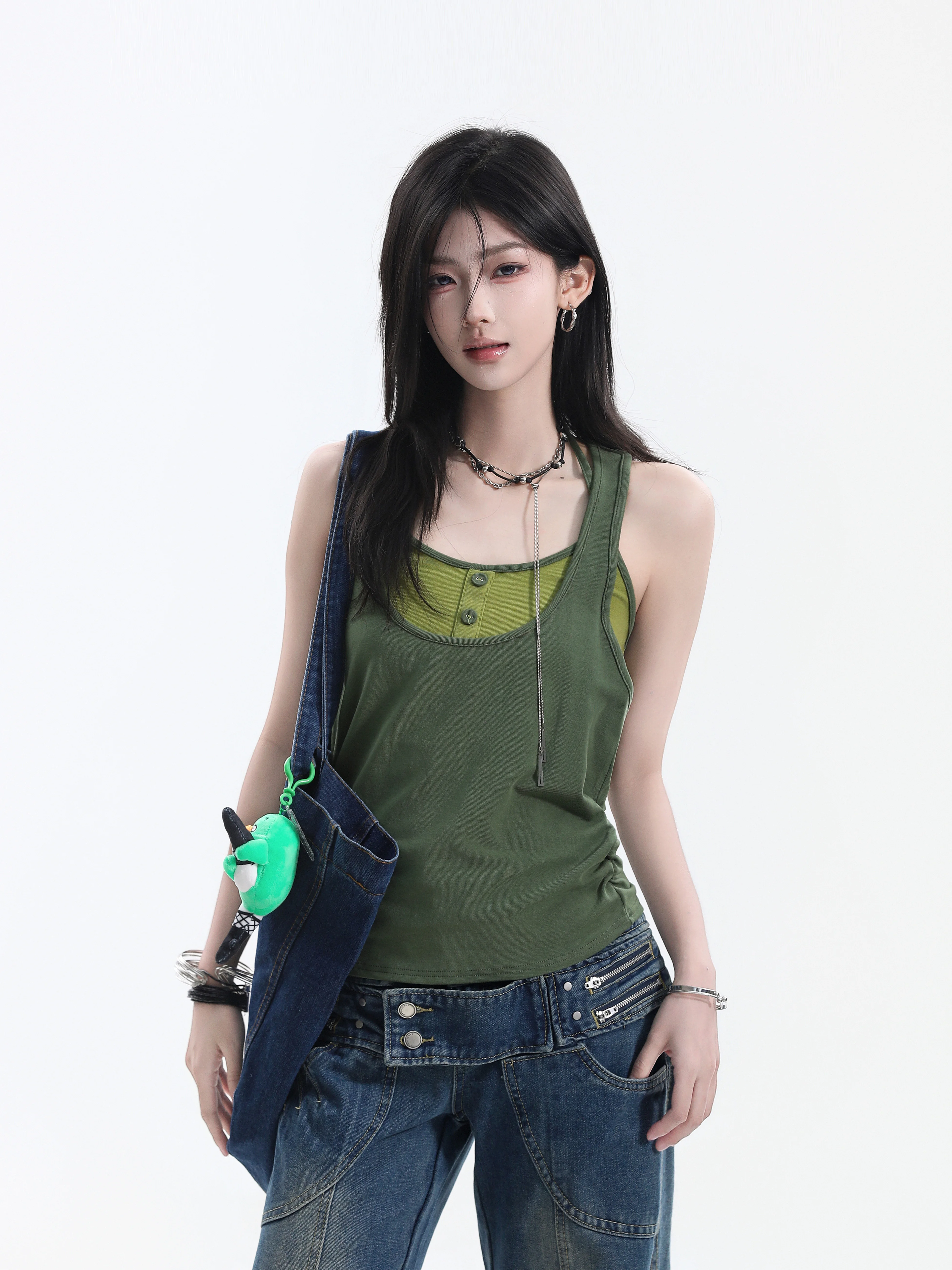 American Style Two-Piece Set Neck Hanging Strap Vest Women Summer Spicy Sleeveless Work Small Versatile Top U-Neck Rylee Fiber
