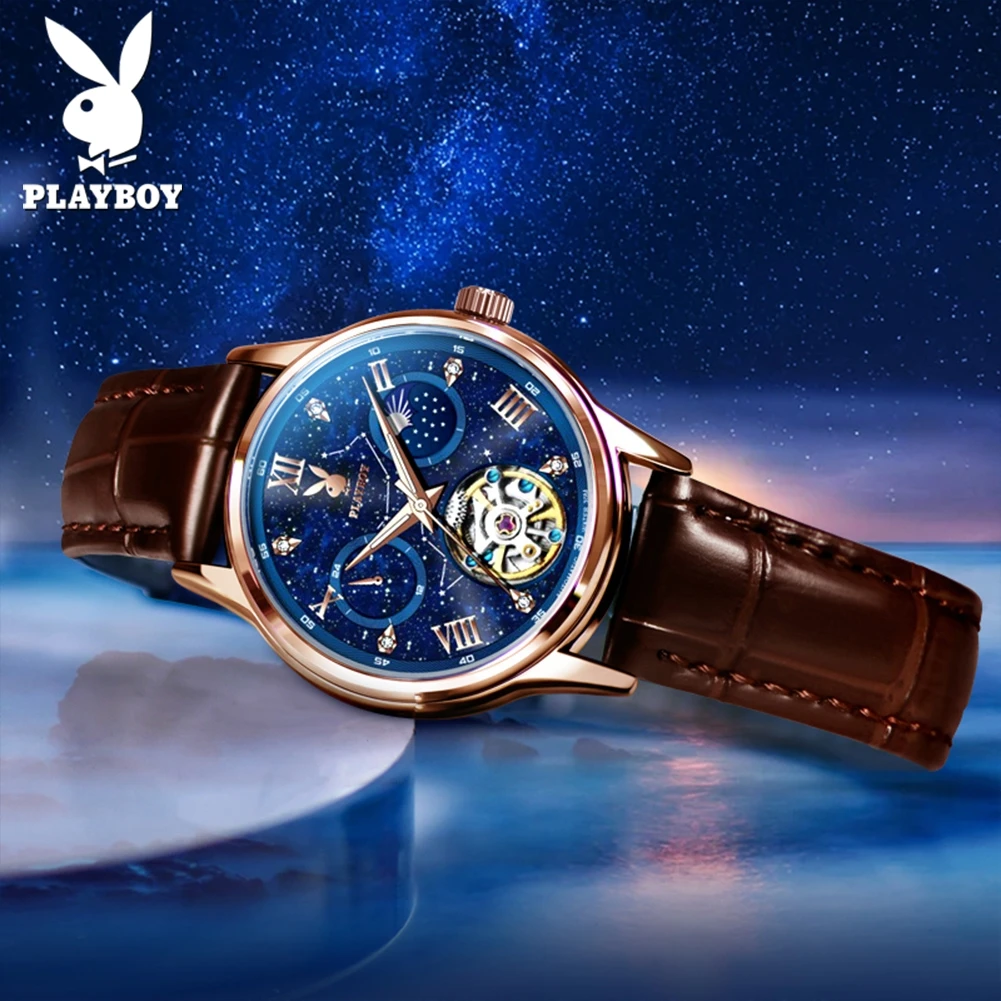 

PLAYBOY 3057 Mechanical Movement Women Watch Stainless Steel Starry Sky Skeleton Flywheel Moon Phase Luxury Brand Ladies Watch