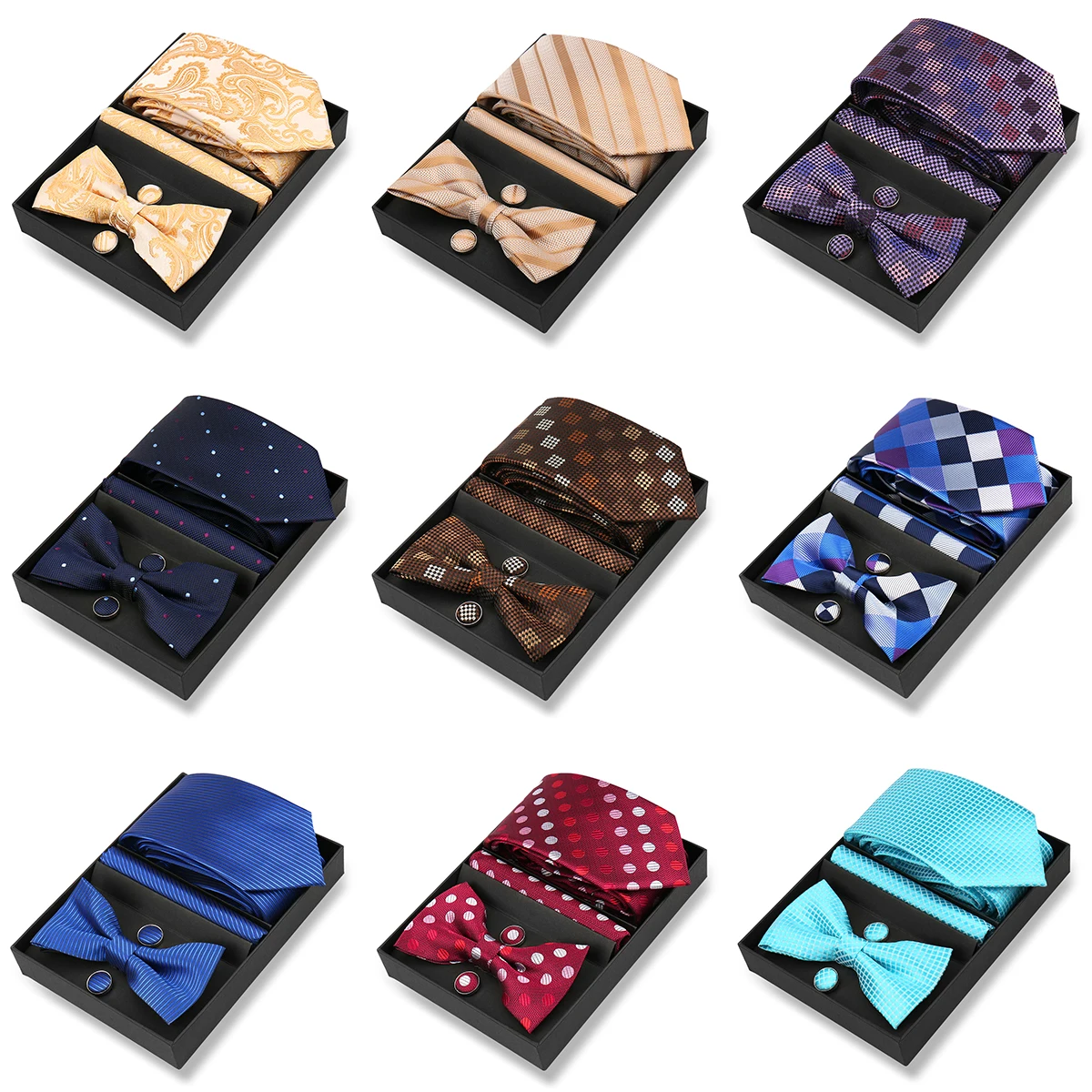 

Fashion Tie Set 4 Pcs Paisley Stripe Tie Bow Tie Pocket Square Cufflinks Jacquard Weave Gift Box Wedding Formal Accessories