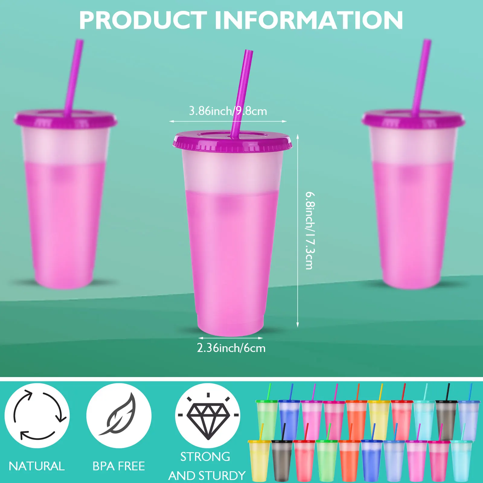 20pcs Color Changing Cups with Lids and Straws Reusable Cups Iced Coffee Cups Plastic Color Changing Travel Mugs