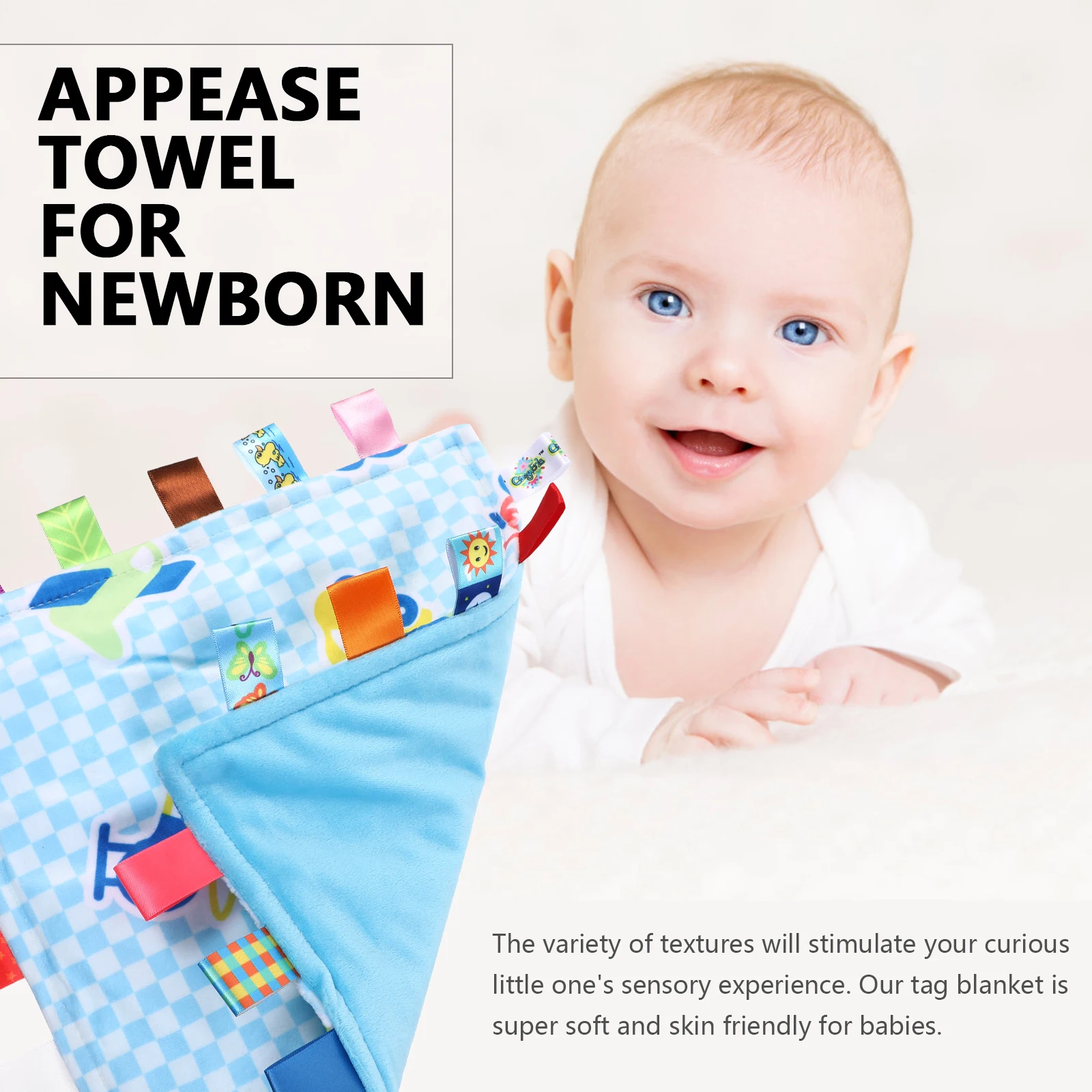 

1Pc Super Soft Baby Security Blanket with Colorful Tags for Sensory Play