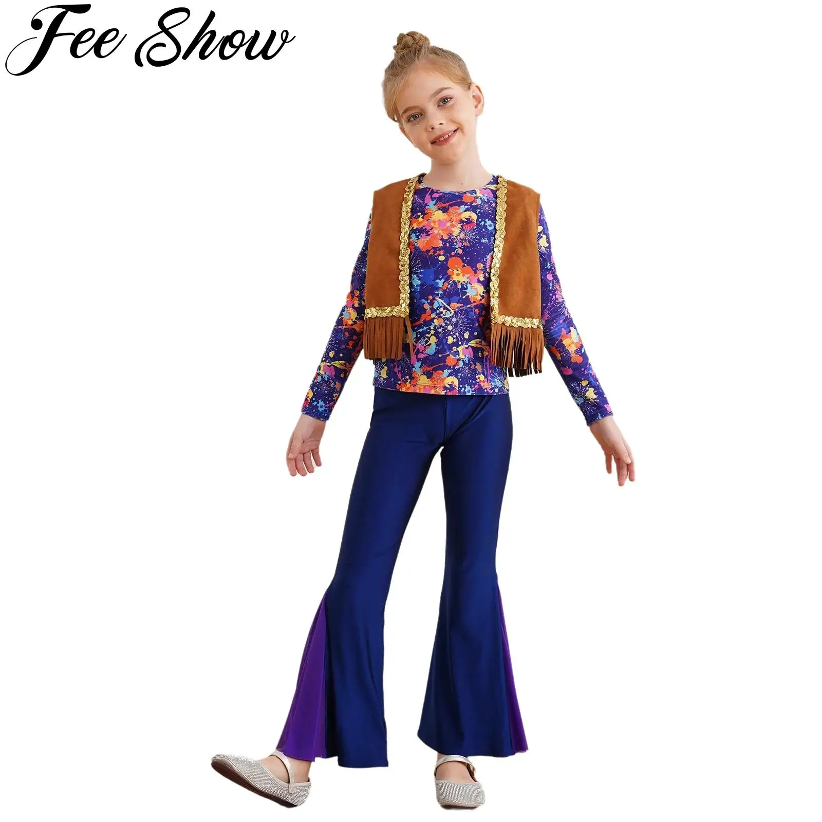

Girls Kids 60s 70s Hippie Costume Music Festival Disco Outfits Long Sleeve Printed Shirt Tops with Tassels Vest And Flared Pants
