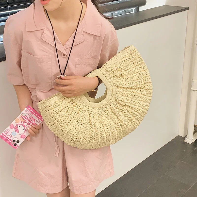 Straw Solid Bags for Women 2024 New Versatile Fashion Casual Tote Bags No Zipper Hollow Out Top-Handle Bags Bolsa