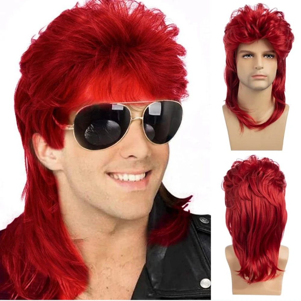 HAIRJOY Synthetic Hair Sallcks Mens Mullet Wigs Brown Curly 70s 80s Retro Cosplay Costume Wig Rocker Disco Fancy Show Wigs