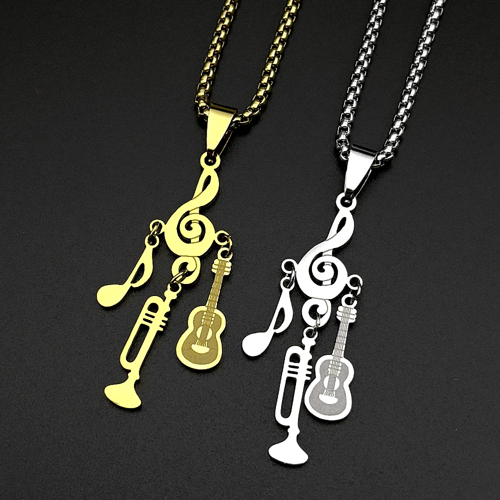 Treble Clef Pendant Necklace For Musicians Music Note Guitar Trumpet Charms Stainless Steel Chain Rock Hiphop Jewelry Gift