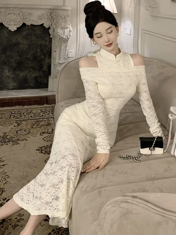 Herfst Winter Wit Kant Jacquard Chic Off Schouder Sexy Jurk Vrouwen Elegante Bodycon Luxe Jurk 2025, Koreaanse Vintage Prom Dress