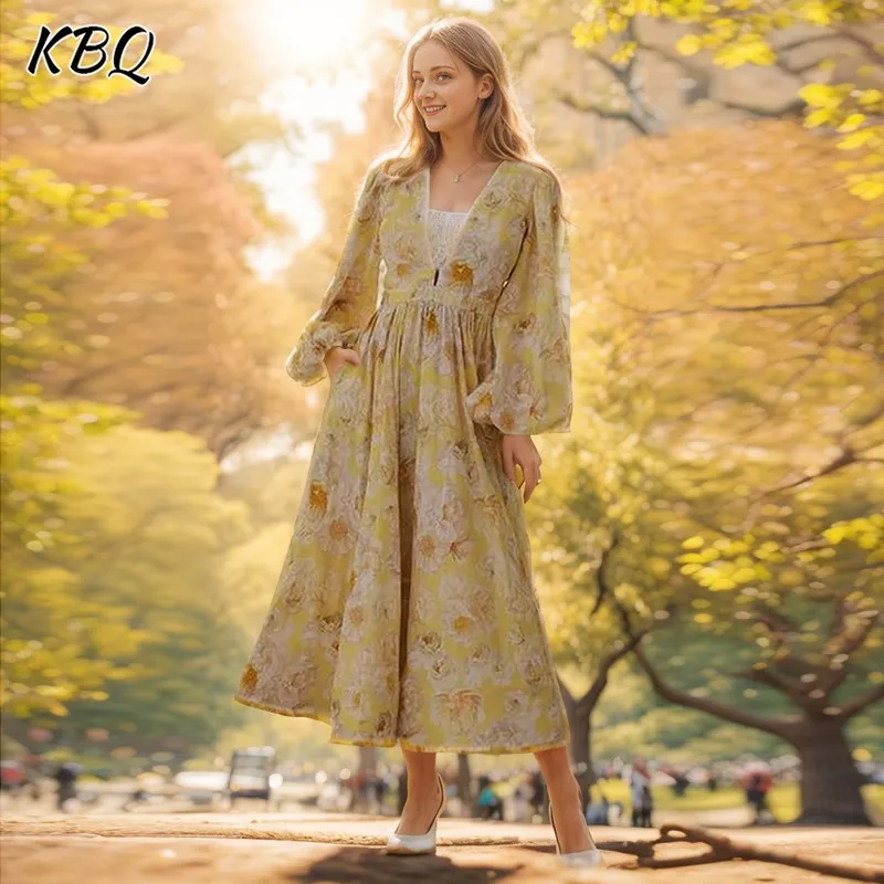 

KBQ Hit Color Floral Printing Elegant Dresses For Women V Neck Lantern Sleeve High Waist Spliced Zipper Long Dress Female Style