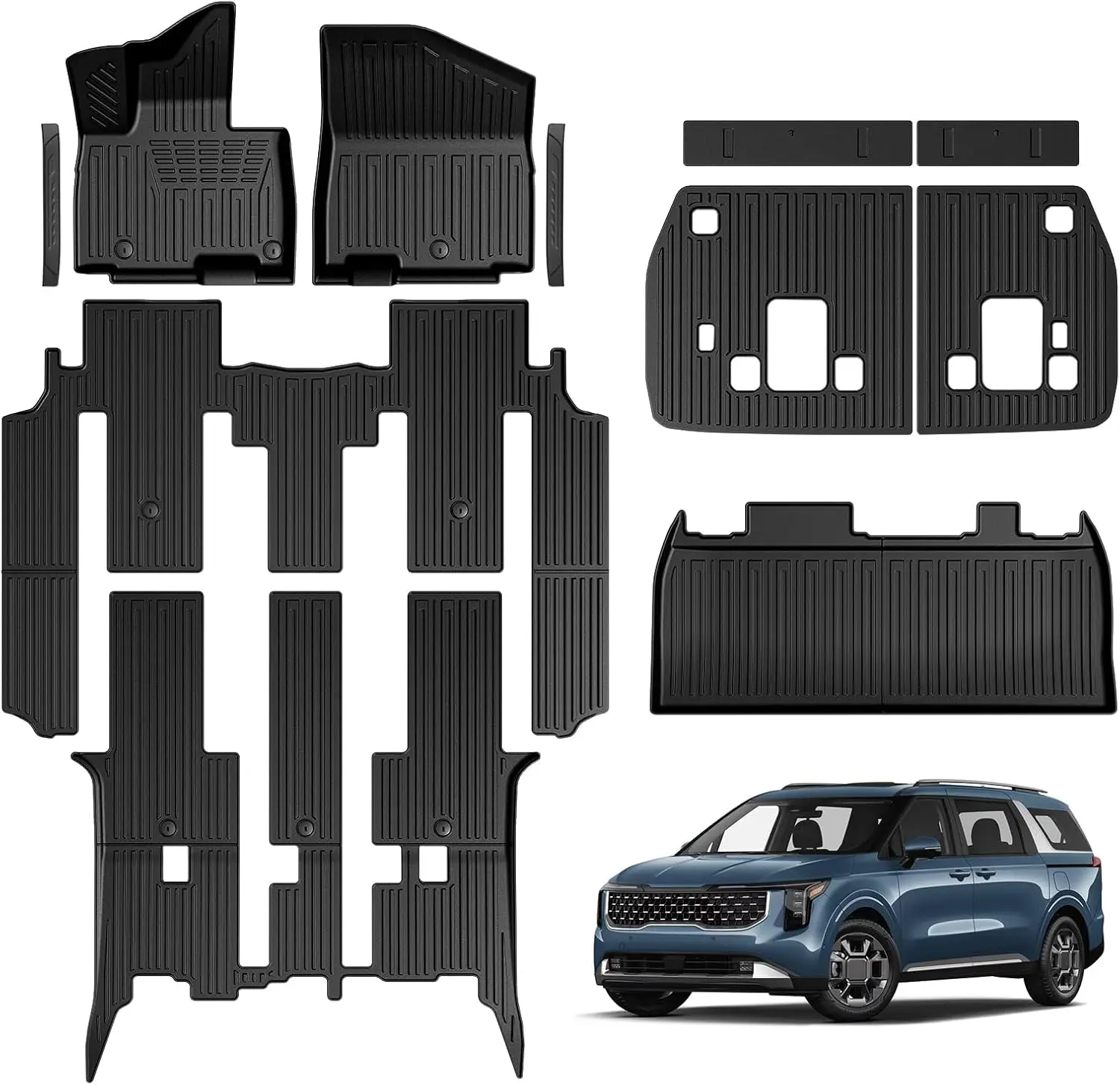 

Комплект всепогодных ковриков с полным покрытием и защитой от грязи для пола и багажника, с защитой спинок сидений и накладками на пороги, для моделей 2022-2026 годов, комплект на 8 мест