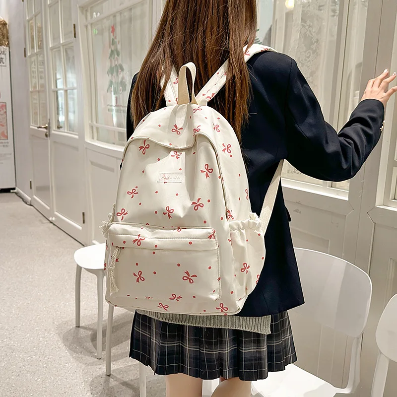 

Cute Bow Print Nylon Backpack for Women, White with Red Bow Pattern, Large Capacity Casual School & Daily Daypack