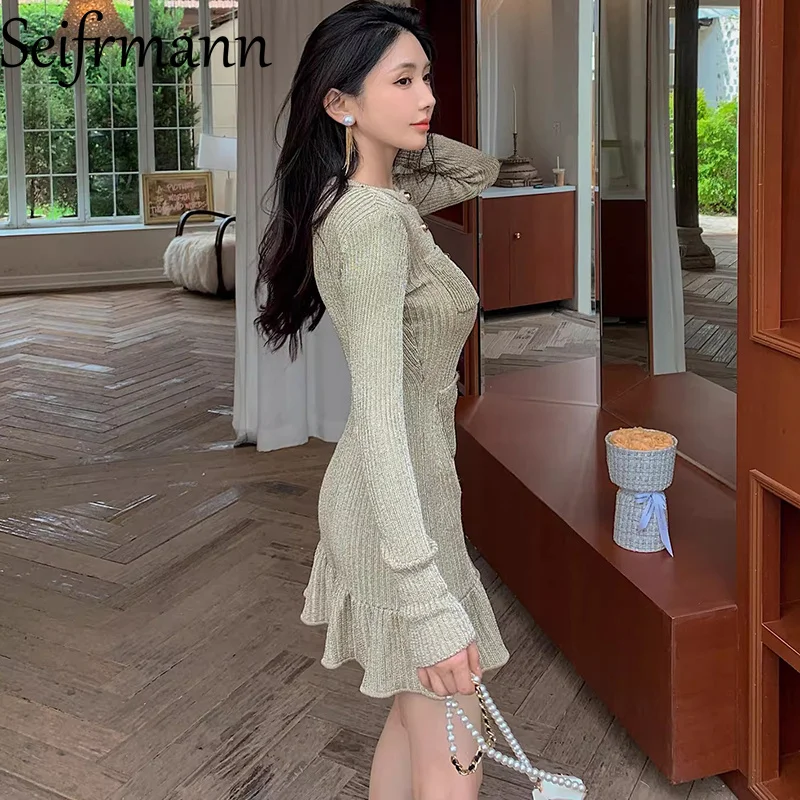 Seifrmann 2026 Spring Women's clothing New Fashionable Round Neck Long Sleeve Knitted Waist cinching Dress