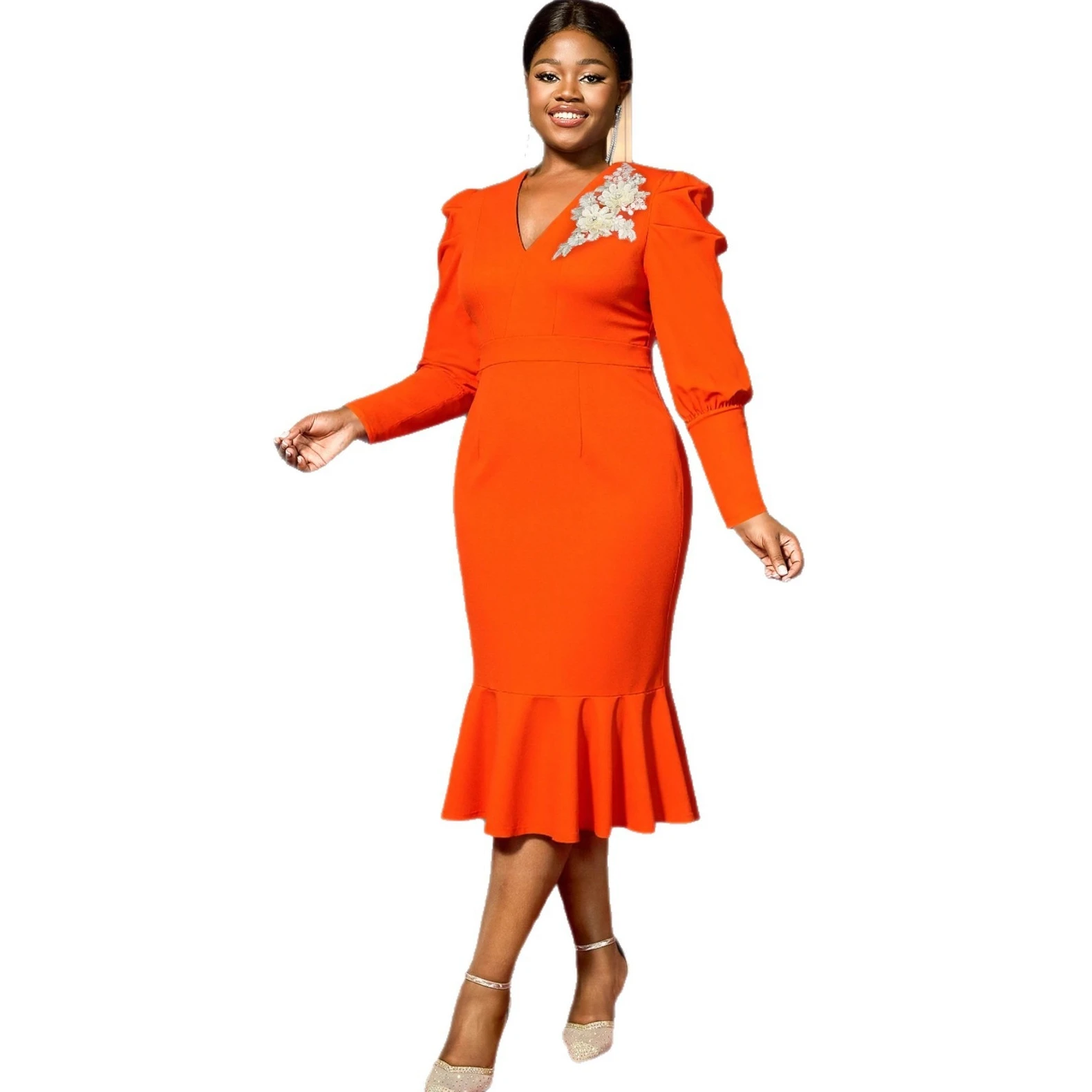 

L-4XL Dashiki African Dresses for Women Autumn Long Sleeve V-neck Wedding Party Evening Orange Midi Christmas Dress Outfits