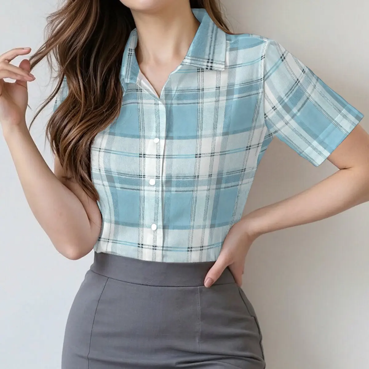 

Women's summer plaid short-sleeve shirt, retro, artistic, simple and elegant,suitable for workplace,casual wear,social occasions