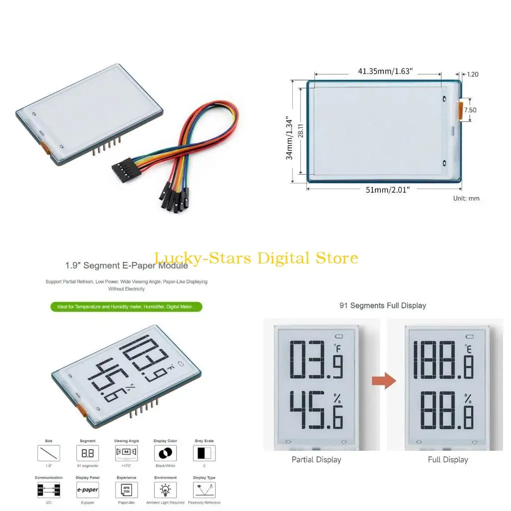 

T3EE High-Contrast 1.9" 91 Segment EPaper Display Black White EPaper Module I2C SPI Screen for RaspberryPi STM32