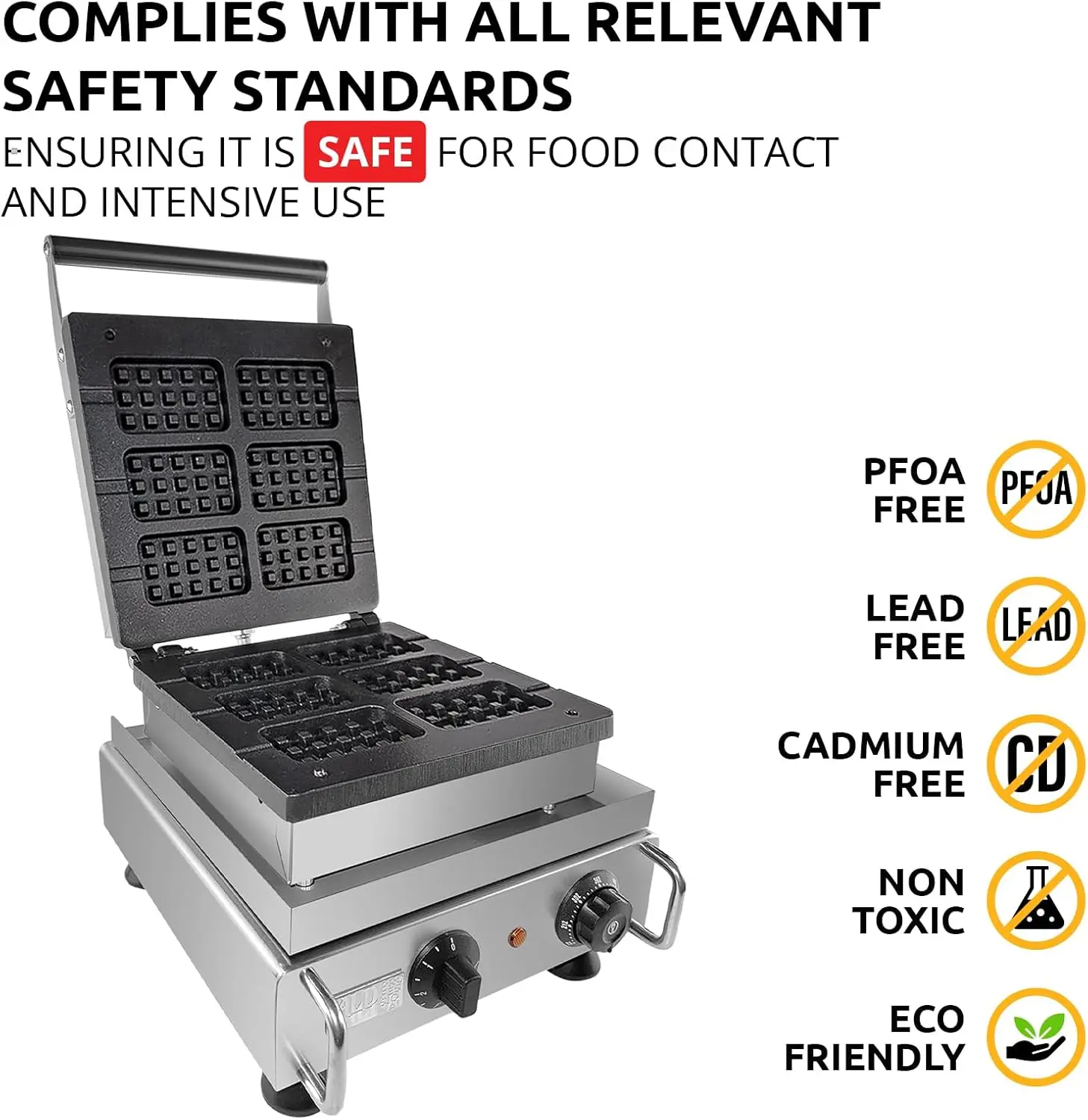 صانع الوافل البلجيكي سميك |   نوع الصحافة |   الاستخدام المهني |   الفولاذ المقاوم للصدأ |   غير لاصق |   110 فولت (6 وافل على عصا)