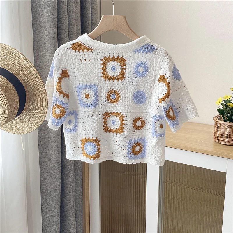 Granny Square Crochet Button-up Top Short Sleeve Sheer Open-knit Crop Cardigan for Women Teengirl Fairycore Vintage Outfit