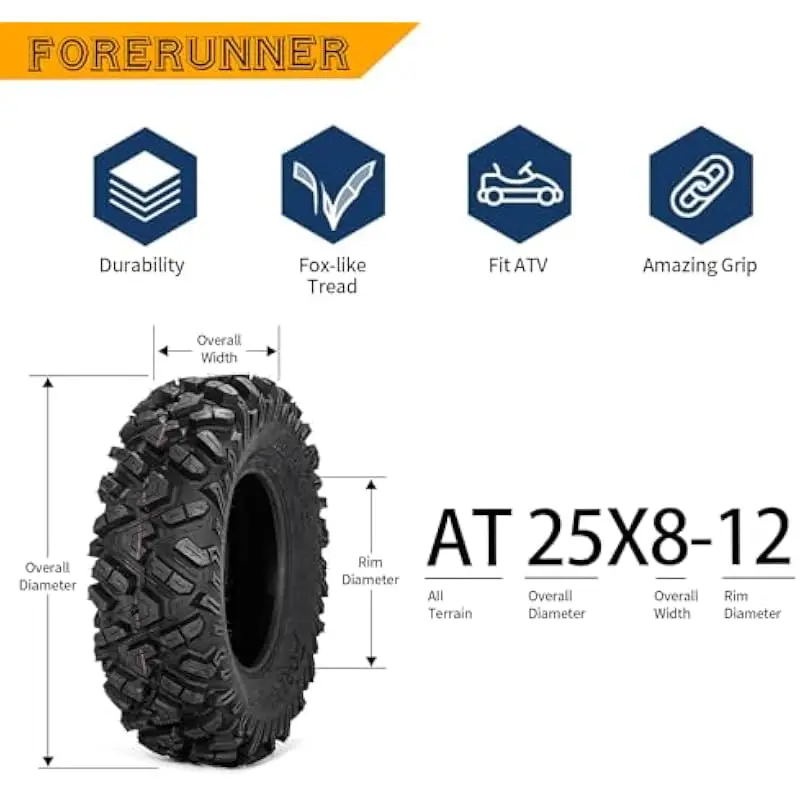 25x8-12 All-Terrain Tubeless ATV Tires • 6-Ply Durable Construction • Non-Directional Tread • 20mm Depth • 340lb Load Capacity •