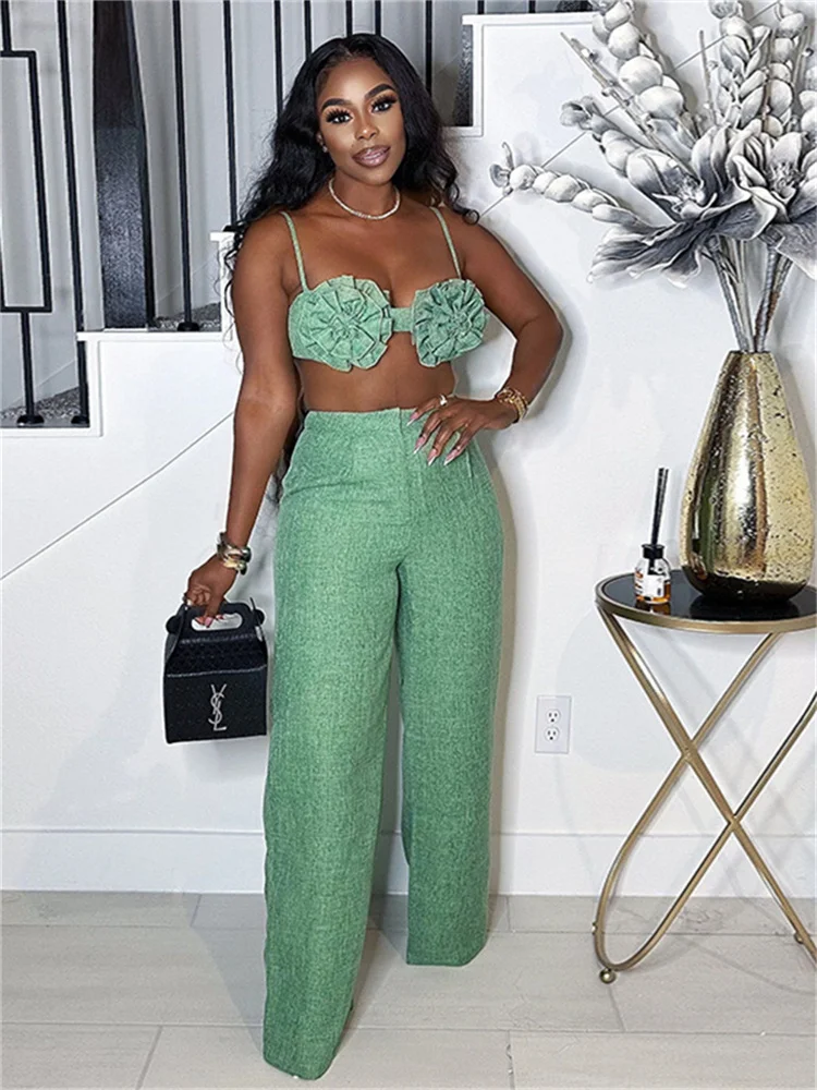 Weird Puss Urlaub Strand Stil 2-teiliges Set Frauen geraffte Blume BH Tops + Knopf Taille gerade Hosen Mode sexy Trend Outfits
