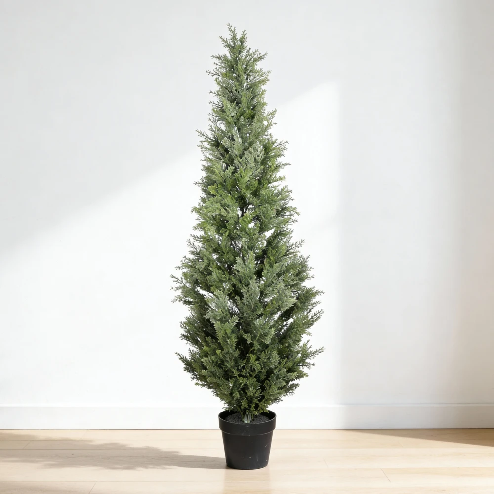 

Artificial Cypress Tree in Black Plastic Pot UV Resistant, Realistic Indoor Outdoor Fake Topiary Plant 5FT, Garden , 1pc/set