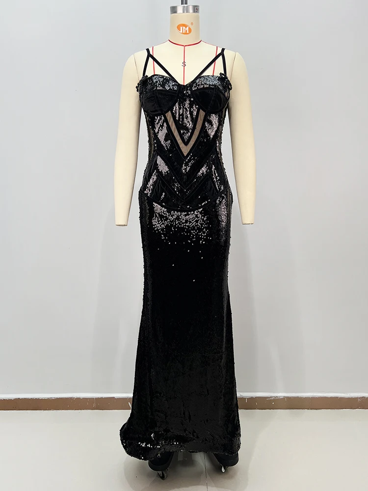 VC Abito lungo a sirena con paillettes senza schienale e cinturino nero elegante e chic per la cena di gala