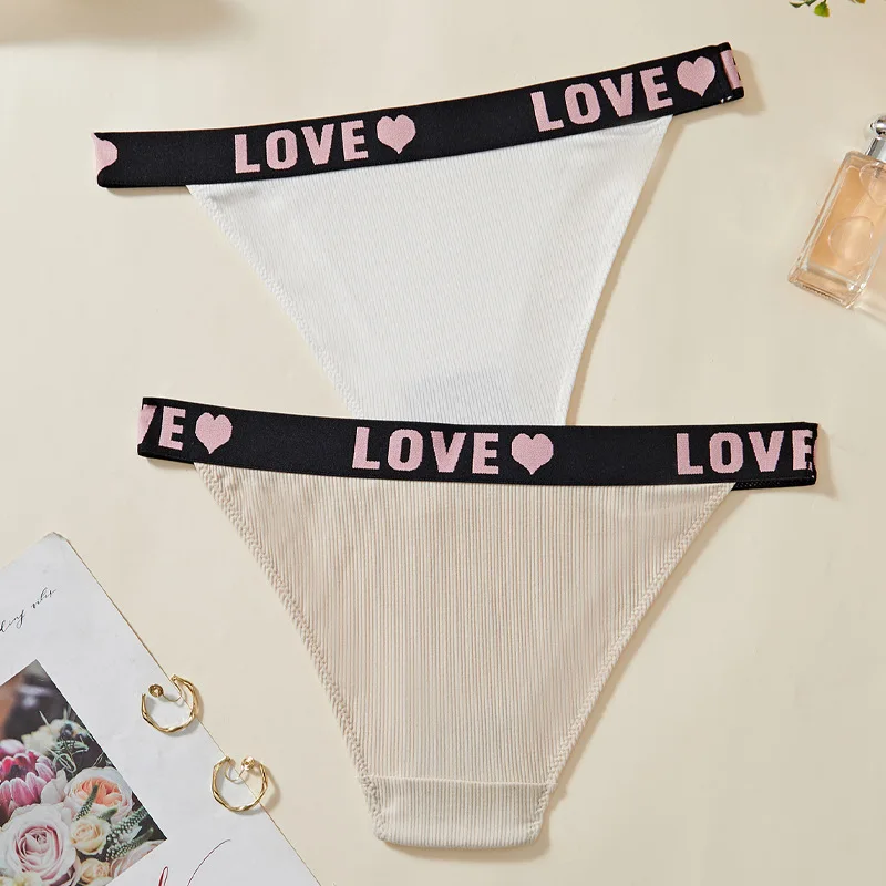 Letter heart waist side thong ribbed texture simple color matching fashionable women's panties.