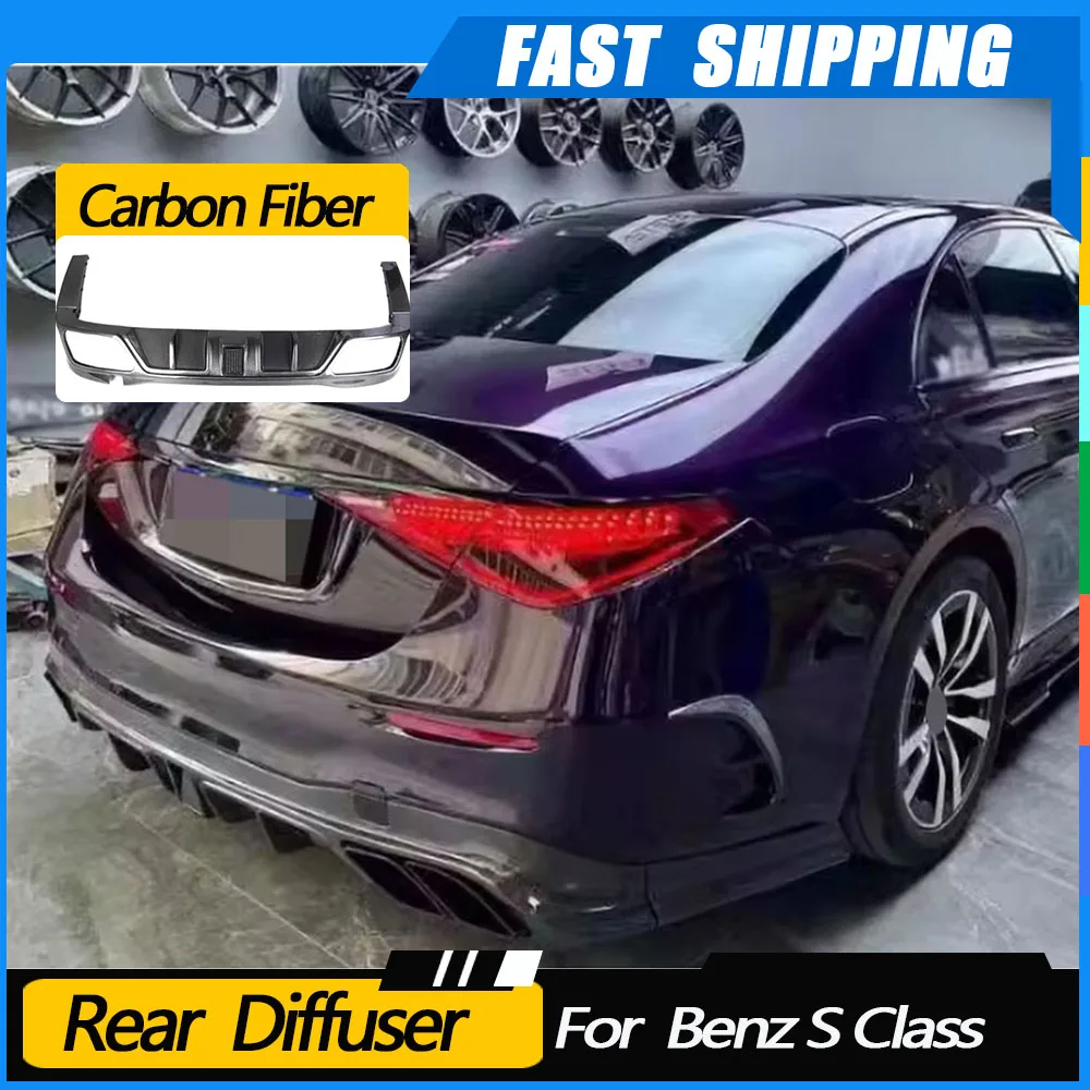 JMCARCOOL Carbon Fiber Rear Lip Diffuser With Light Apron Splitter Canard For Benz S Class W223 S450 S500 Sport 2021-2023