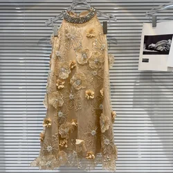 Summer Diamonds Beaded 3D Mesh Flowers Gauze Spliced Dress Hanging Neck Rhinestones Collar Tank Chiffon Shirt Dress Vestidos